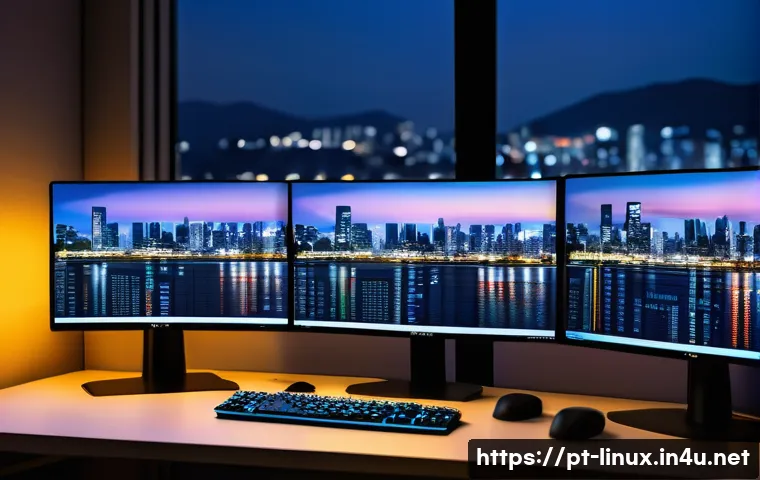 리눅스마스터 실기 시험에서 자주 출제되는 문제 분석 - A detailed modern Linux system administrator workspace, featuring multiple monitors displaying termi...