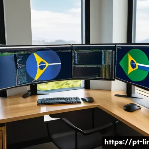 Home 32 리눅스 필기 시험의 난이도별 학습 전략 - A modern home office setup with a young Brazilian man in casual clothing focused on a dual-monitor c...