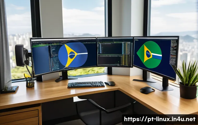 리눅스 필기 시험의 난이도별 학습 전략 - A modern home office setup with a young Brazilian man in casual clothing focused on a dual-monitor c...