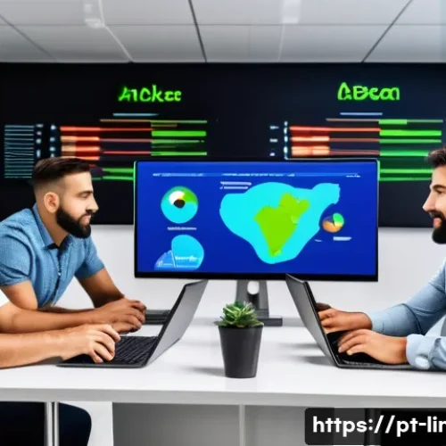 Home 31 리눅스 실무와 오픈소스 기술 활용 사례 - A modern Brazilian office environment with a diverse team of IT professionals collaborating around m...