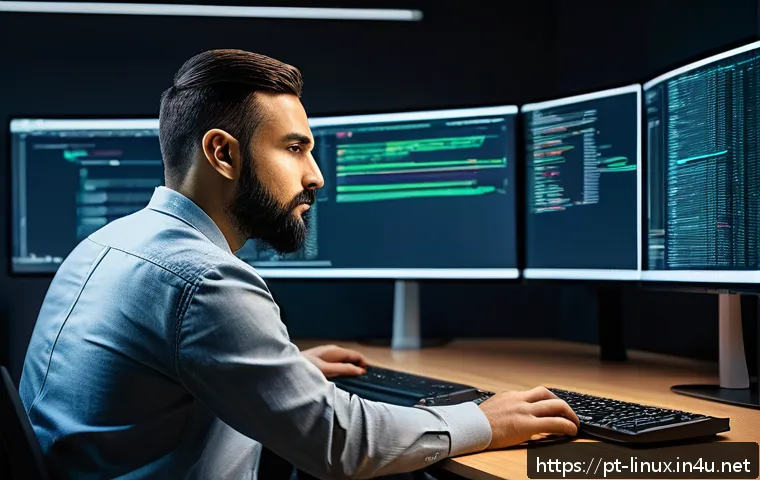 리눅스 실기 시험 대비 서비스 관리 연습법 - A professional Linux system administrator in a modern office environment, focused on managing and mo...